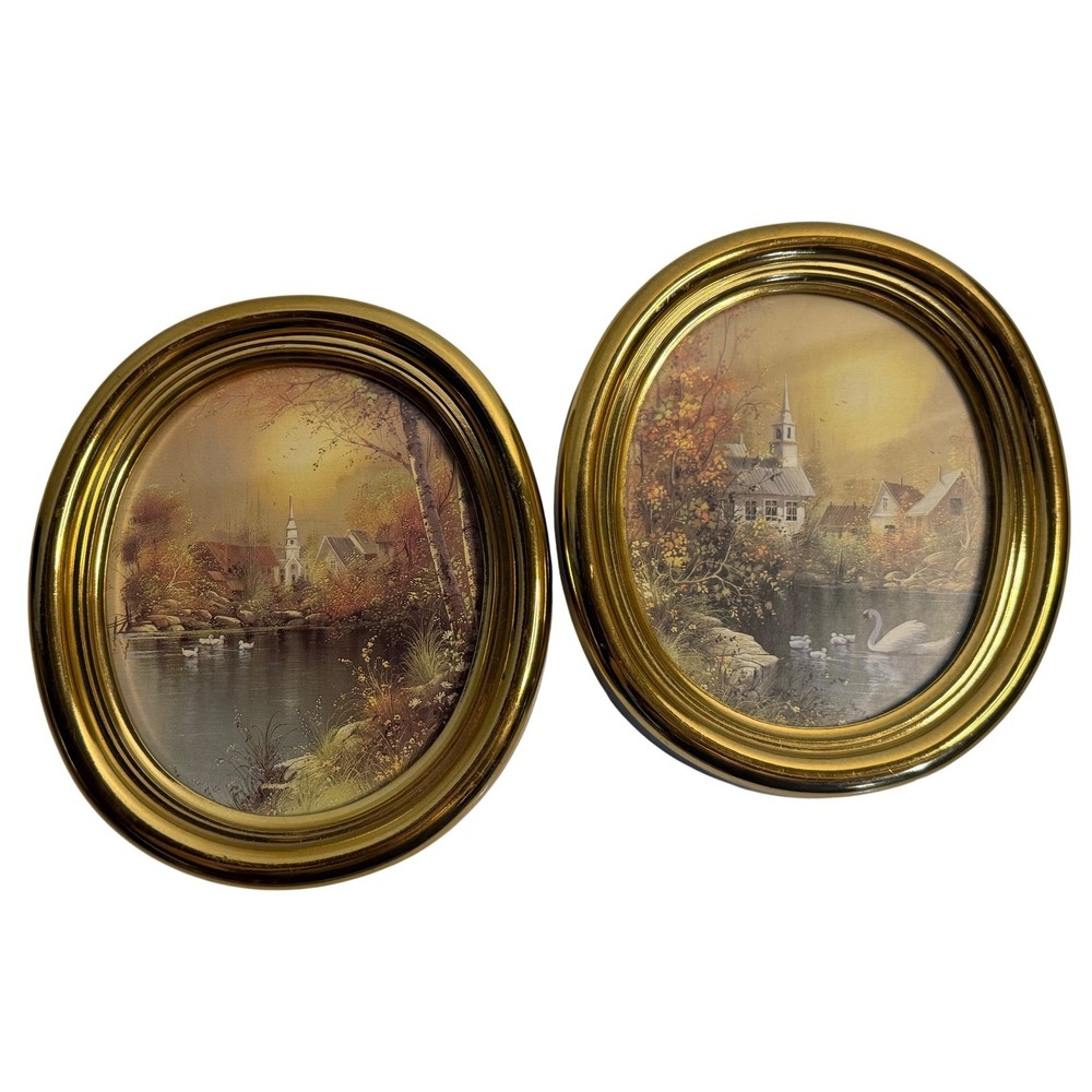 VTG Homco Oval Picture Frames Gold Plastic Swan Village Scenery Wall Art Set 2